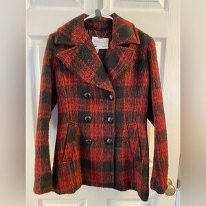 BCBG red & black Buffalo check pea coat
